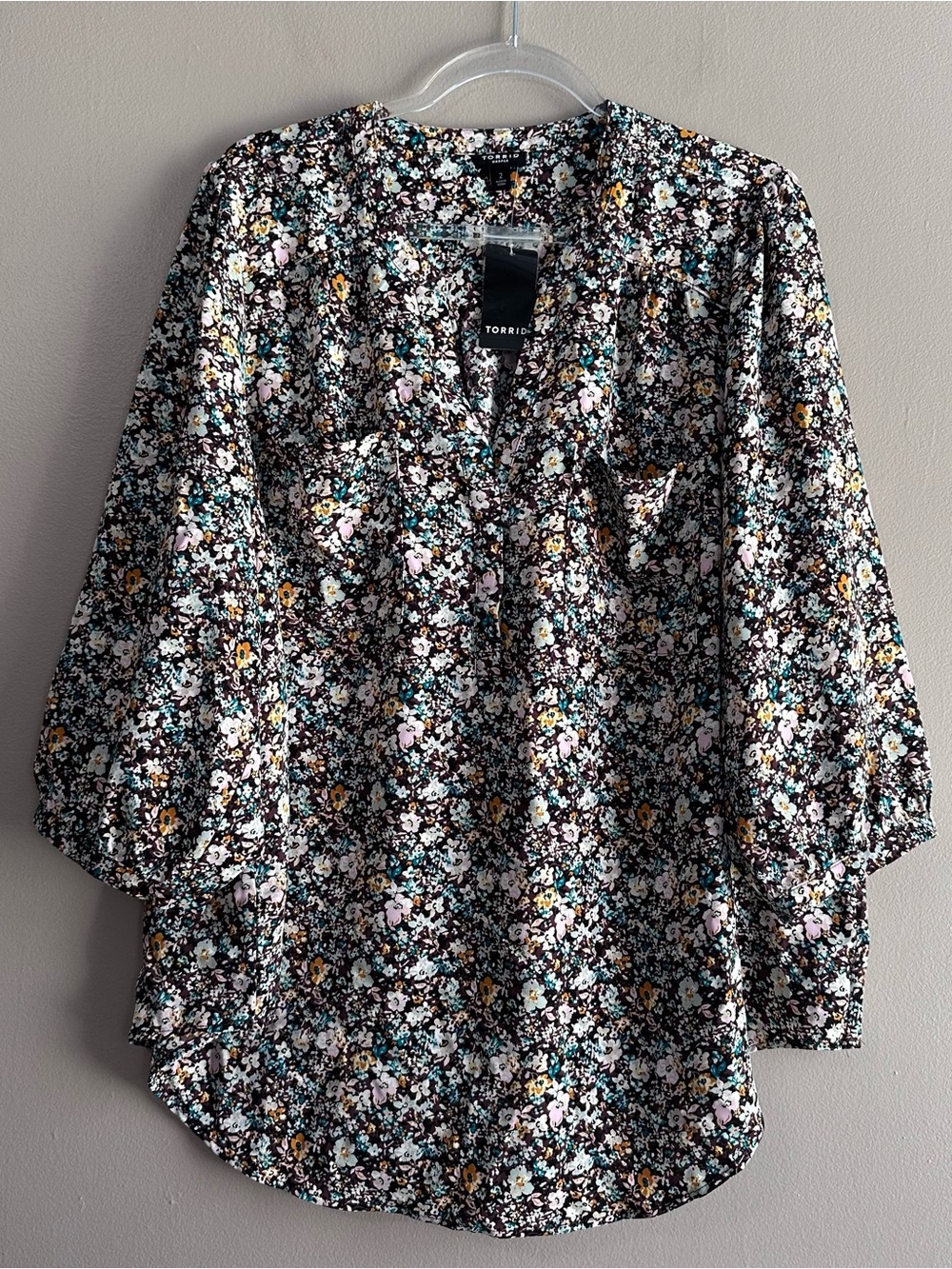 Torrid Harper Multicolor Floral Crepe 3/4 Sleeve Popover Blouse Womens 2X NWT